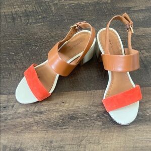 Tory Burch Tan Leather & Coral Suede Block Heel Sandals